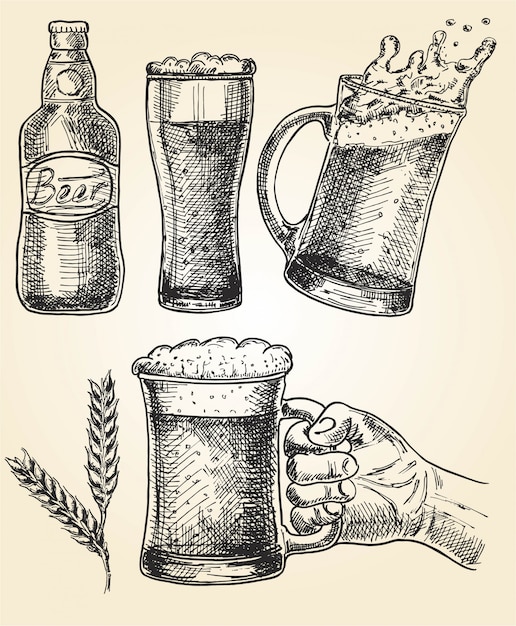 Zestaw do piwa wektorowa ilustracja szkła, kubek, chmiel, słód i butelka. oktoberfest Premium Wektorów