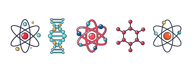 Zestaw Ikon Cząsteczki I Atomu. Kreskówka Zestaw Cząsteczki I Atomu Kolekcja Ikon Wektorowych Na Białym Tle Premium Wektorów