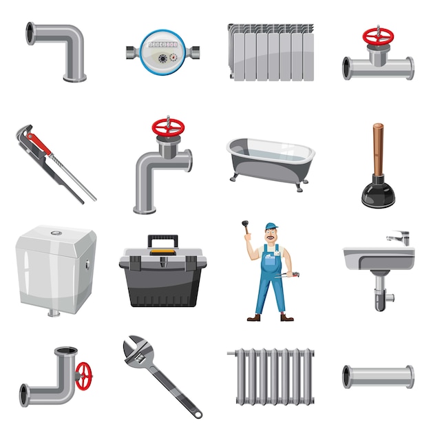 Zestaw ikon elementów hydraulik. kreskówki ilustracja hydraulik rzeczy wektorowe ikony dla sieci Premium Wektorów