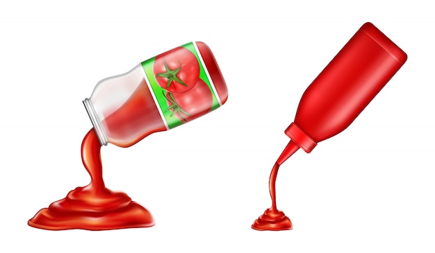 Zestaw ketchupu - w plastikowej butelki i słoik w stylu 3d. czerwony pomidorowy condiment Darmowych Wektorów