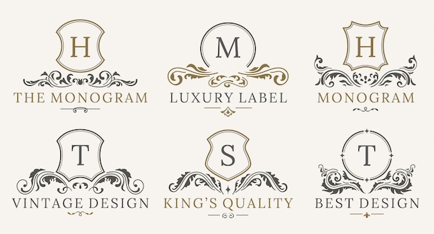 Zestaw logotypów retro royal vintage shields. luksusowy szablon projektu logo Premium Wektorów