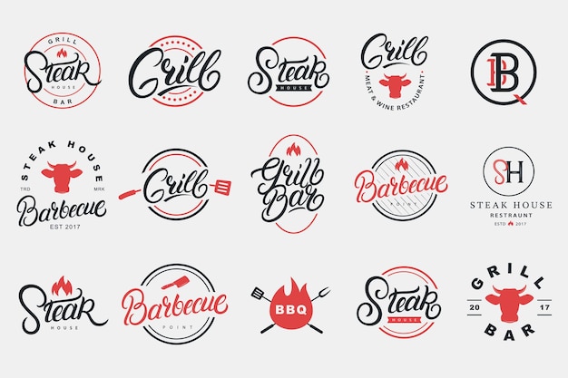 Zestaw Odreczny Napis Logo Odznaka Etykieta Znak Godlo Dla Restauracji Z Grillem I Grillem Kawiarni Sklepu Spozywczego Steak House Kaligrafia Nowoczesna Vintage Typografia Ilustracji Wektorowych Premium Wektor