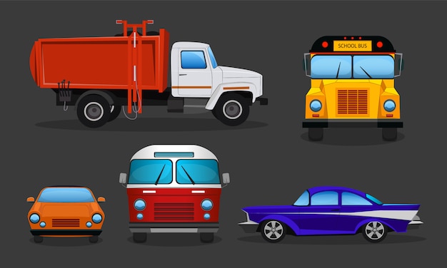 Zestaw samochodów kreskówkowych - transport publiczny lub pojazdy prywatne. Darmowych Wektorów