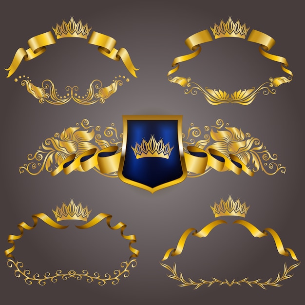 Zestaw złotych monogramów vip do projektowania graficznego. elegancka wdzięczna rama, wstążka, filigranowa obwódka, korona w stylu vintage Premium Wektorów