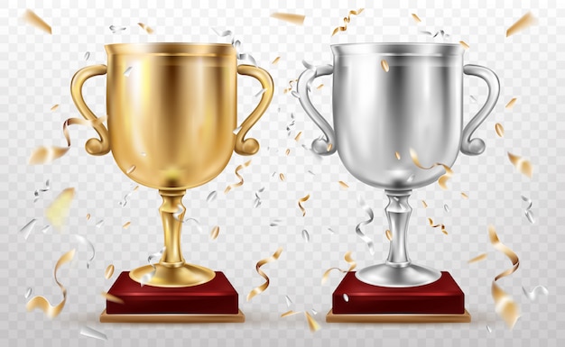 Złote i srebrne puchary, sportowe trofeum, czara chwały Darmowych Wektorów