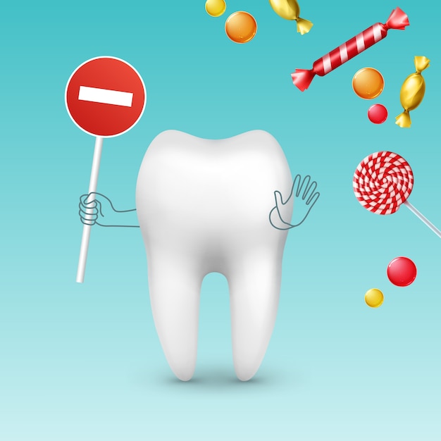 Znak zęba wektorowego ze znakiem stop na tle różnych słodyczy, cukierków i lizaków Darmowych Wektorów