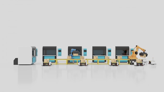 Automatyzacja fabryki z agv, drukarkami 3d i ramieniem robota, renderowanie 3d Premium Zdjęcia