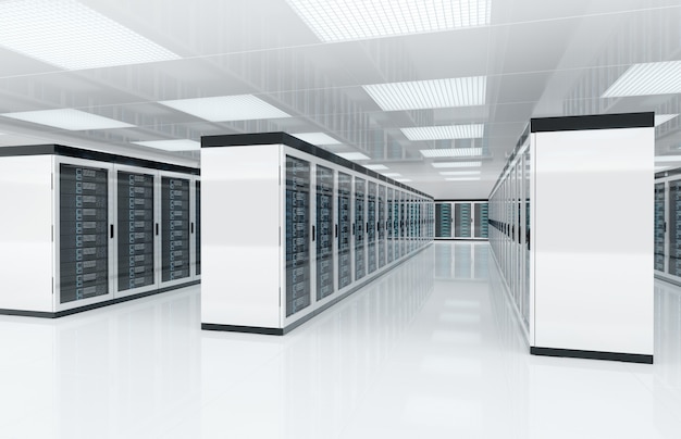Biała sala centrum serwerów z komputerami i systemami pamięci renderowania 3d Premium Zdjęcia
