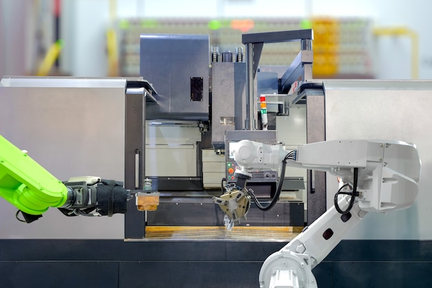 Praca Zespołowa Robotyki Przemysłowej Przy Pracy Z Tokarką Cnc W Inteligentnej Fabryce Premium Zdjęcia