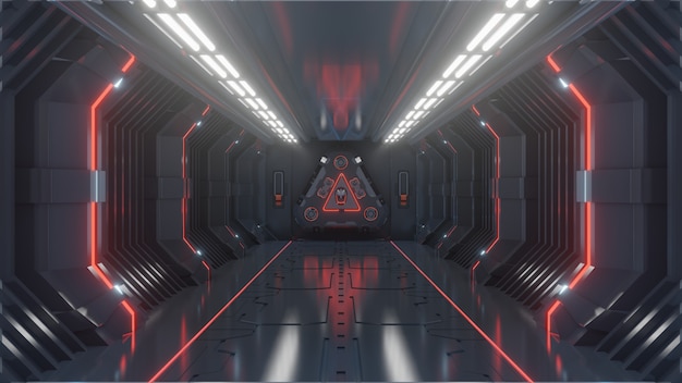 Pusty ciemny futurystyczny pokój sci fi, korytarze statków kosmicznych czerwone światło Premium Zdjęcia