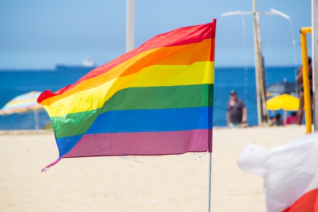 Teczowa Flaga Uzywana Przez Spoleczenstwo Lgbt Na Plazy Copacabana W Rio De Janeiro Zdjecie Premium