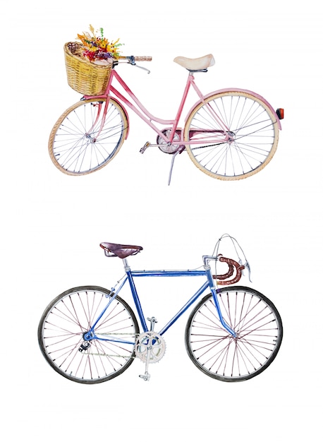 Acuarela Pintada A Mano Conjunto De Imagenes Predisenadas De Bicicletas Vintage Ilustraciones De Bicicletas Retro Aisladas En Un Blanco Foto Premium