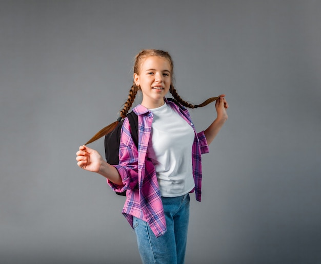 Adolescente Con Mochila Linda Colegiala Sonriente Niña Colegiala