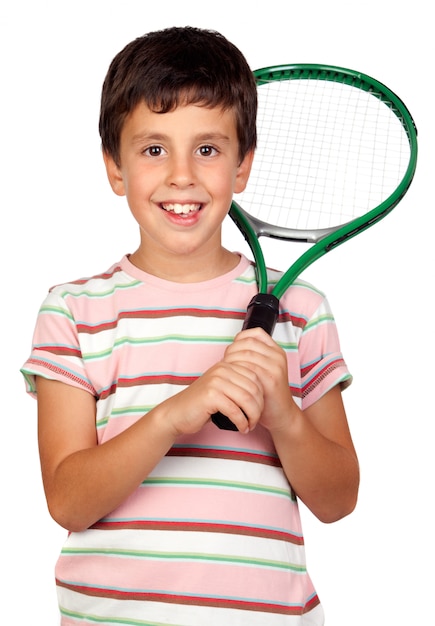 Adorable Niño Con Una Raqueta De Tenis Aislada En Un Blanco