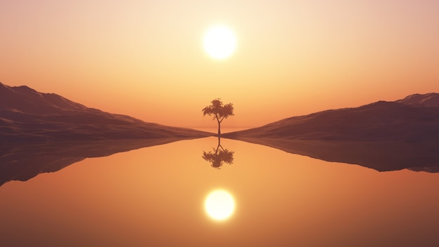 Árbol 3d contra el cielo del atardecer Foto gratis
