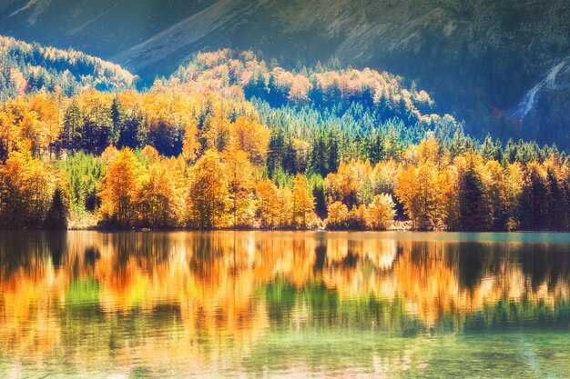 Árboles de otoño coloridos y sus reflejos en el lago en las montañas de