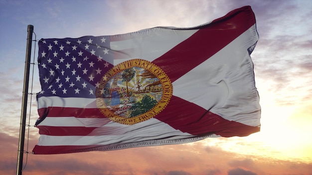 Bandera De Florida Y Estados Unidos En El Asta De La Bandera Bandera Mixta De Estados Unidos Y 1004