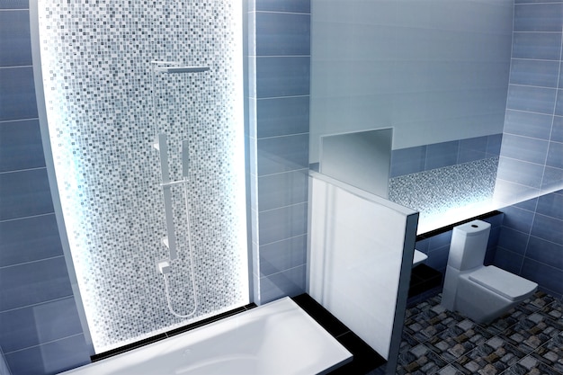 Baño brillante diseño azulejos estilo moderno azul. representación 3d