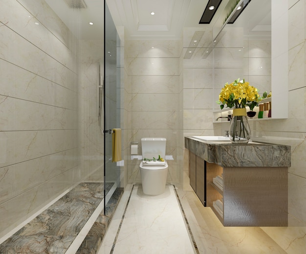 Baño moderno clásico de representación 3d con decoración de azulejos de