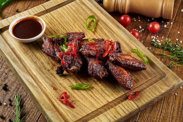 Barbacoa De Alitas De Pollo A La Parrilla En Salsa De Miel Y Cerveza Servida En Una Tabla De Madera Con Hierbas Foto Premium