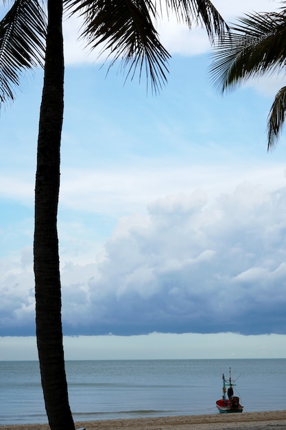 Barco De Cola Larga En La Playa Con Cocoteros Mar Y Nubes Nimbus En El