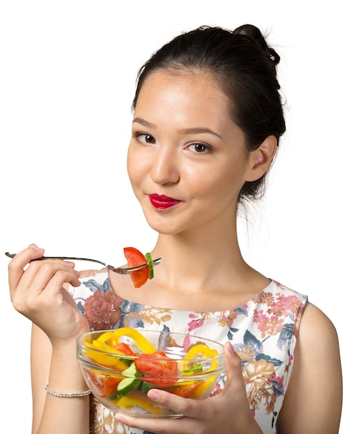 Bella Mujer Comiendo Una Ensalada Foto Premium