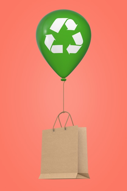 Bolsa de compras de papel reciclado marrón flotando con globo verde