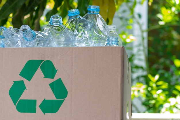 Botellas de plástico en una caja para el concepto de reciclaje día mundial del medio ambiente