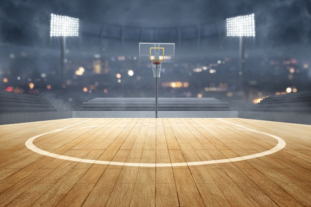 Cancha de baloncesto con piso de madera, reflectores de luces y tribuna