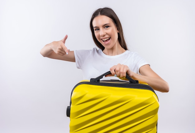 Chica Joven Hermosa Viajera Sosteniendo La Maleta Sonriendo Alegremente ...