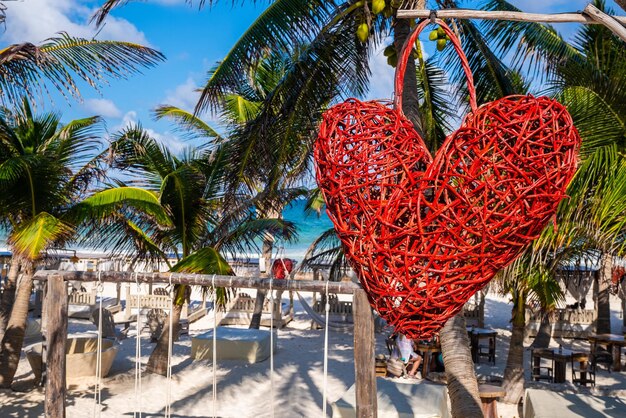 Columpio vacío con objeto en forma de corazón colgando de un cocotero