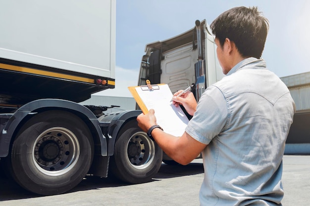 Conductor de camión asiático está revisando la lista de verificación de