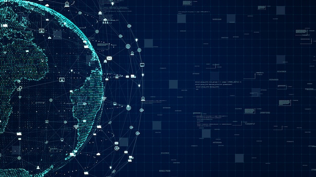 Conexión de datos de red de tecnología, red de datos digitales y concepto de seguridad cibernética. elemento tierra provisto por la nasa. Foto Premium