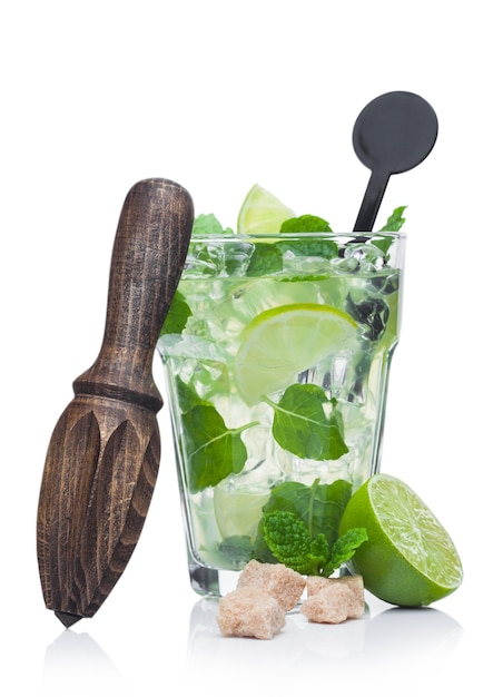 Copa de cóctel alcohólico de verano mojito con cubitos de hielo menta y