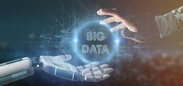 Cyborg mano sosteniendo un título de datos big 3d rendering Foto Premium