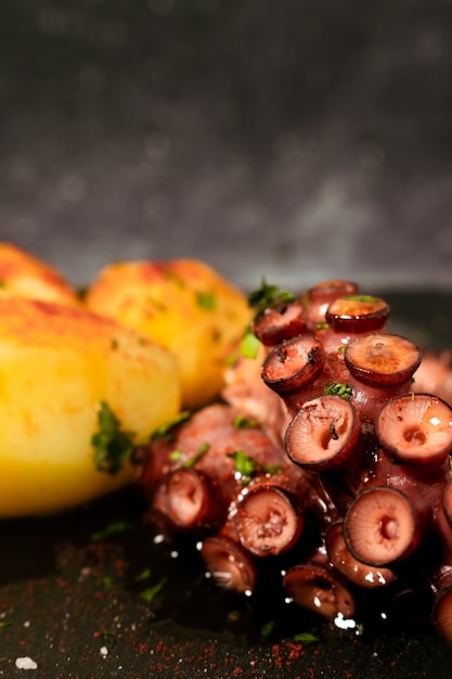 Deliciosos tentáculos de pulpo a la plancha con patatas aderezadas con