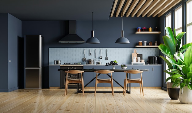 Diseño de interiores de cocina de estilo moderno con pared azul oscuro representación 3d Foto gratis