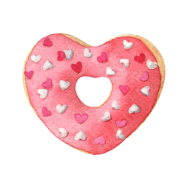 Donut En Forma De Corazón Con Glaseado Rojo Ilustración Acuarela Dibujada A Mano Aislada En 8371