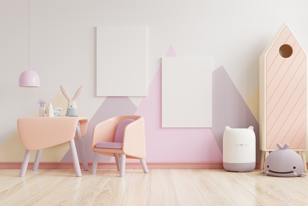 Dormitorio de los niños en colores pastel en la pared de colores pastel vacía d, representación 3d Foto Premium 