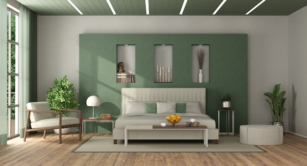 Dormitorio principal elegante blanco y verde | Foto Premium