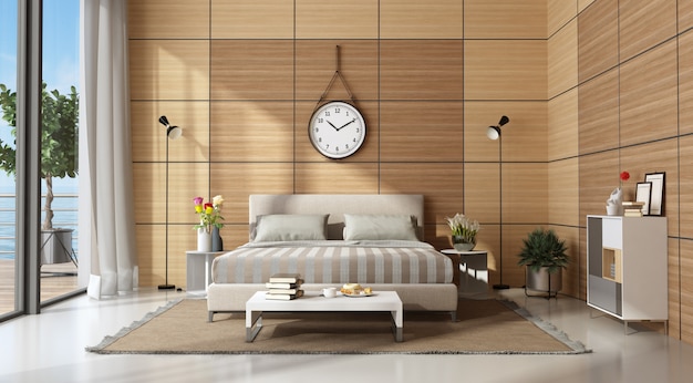 Dormitorio principal moderno con paneles de madera. | Foto Premium