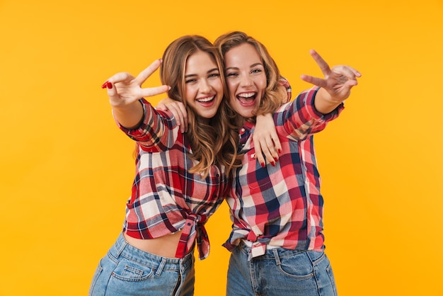 Dos Hermosas Chicas J Venes Vistiendo Camisa A Cuadros Sonriendo Y Gesticulando El Signo De La