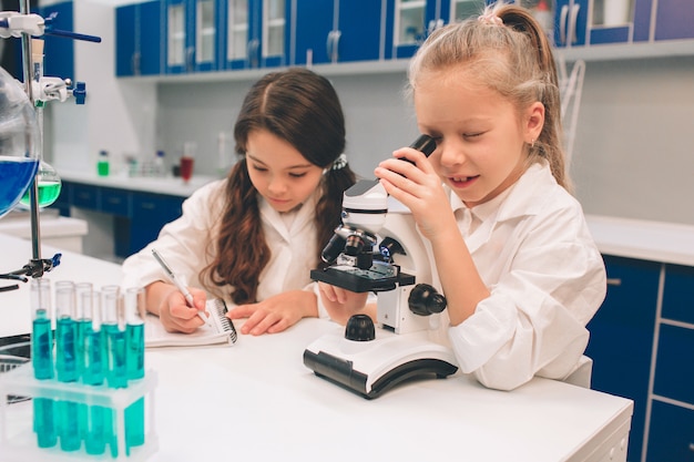 Dos Niños Pequeños En Bata De Laboratorio Que Aprenden Química En Laboratorio De La Escuela 0429