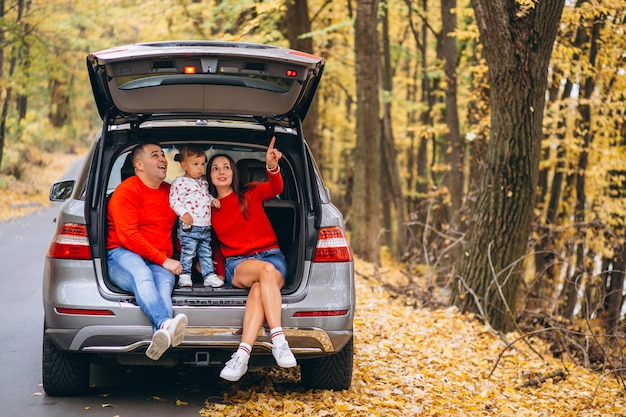Familia con un pequeño hijo en el parque otoño sentado en el coche Foto gratis
