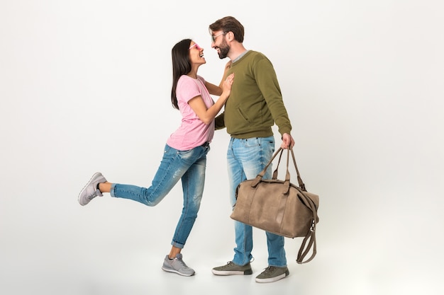 Feliz Pareja Aislada Mujer Muy Sonriente En Camiseta Rosa Reunión Hombre En Sudadera Con Bolsa 