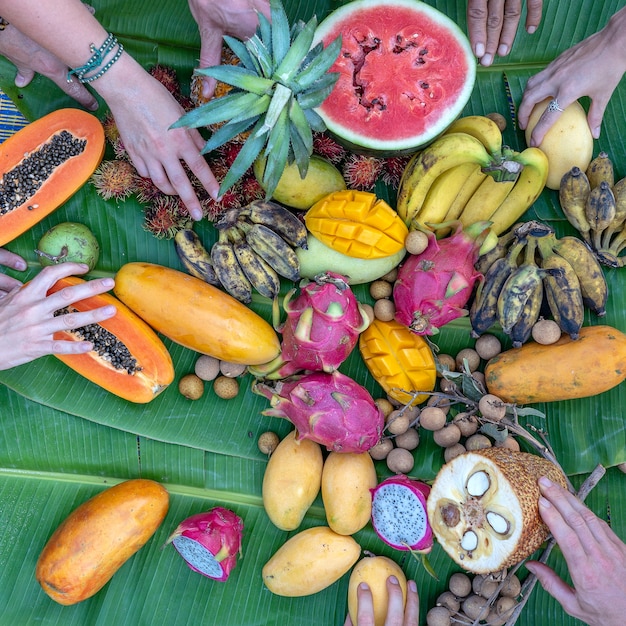 Frutas tropicales en hojas de plátano verde y manos de personas grupo