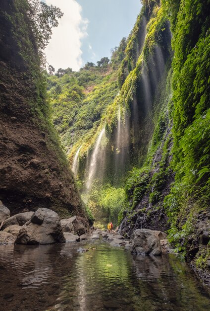 Hermosa cascada de madakaripura que fluye en el valle rocoso | Foto Premium