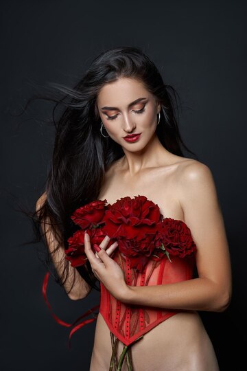 Hermosa Mujer Morena Con Un Ramo De Flores Rosas Rojas En Corsé Rojo Cabello Largo Retrato De 8700