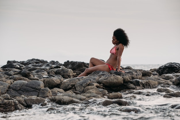 Hermosa Mujer Negra En Forma Sentada En Rocas En Bikini Junto A La