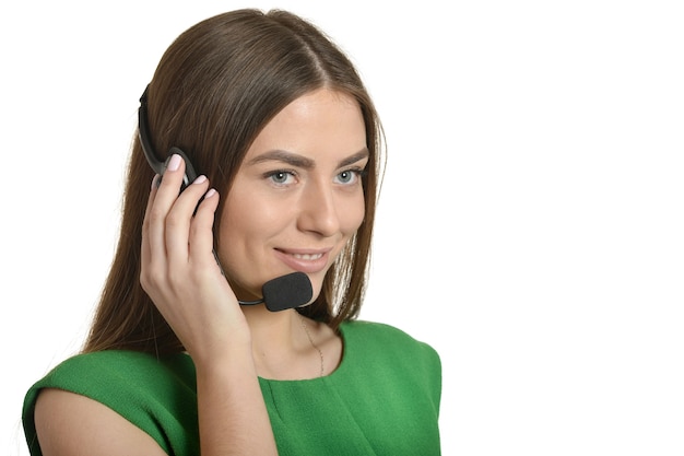 Hermosa Mujer De Operador De Servicio Al Cliente Con Auriculares Aislado Sobre Fondo Blanco